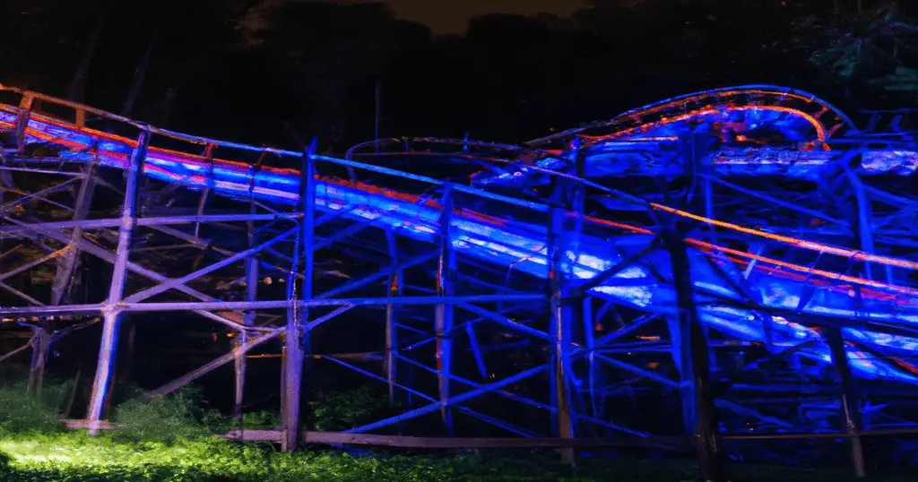 Alpine Coaster in the Smokey Mountains in Tennessee illuminated at night with LEDs along the track