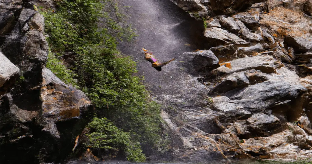 Pixelated photo of a cliff jumper diving headfirst into a creek in California