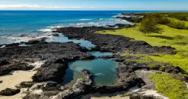 Drone shot of tide pools on Bis Island, Hawaii with lime green foliage and crystal clear water in tide pools surrounded by lava rock