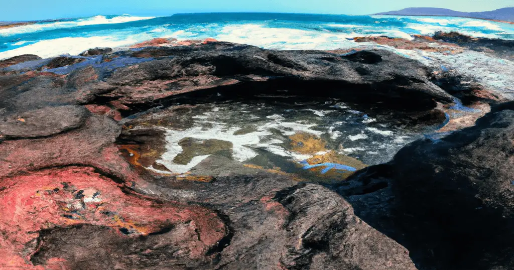 Fish eye lense shot of lava tide pools on lanai Hawaii with red and black lava rock and big waves crashing in the background