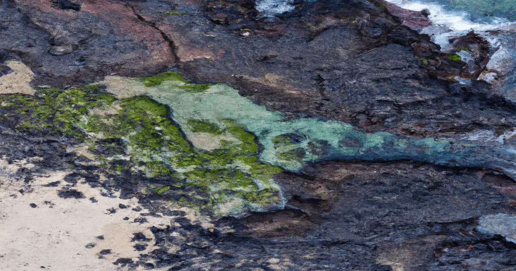 bird's-eye view of a rocky tidal pool on Molokai with green algae and black lava rocks