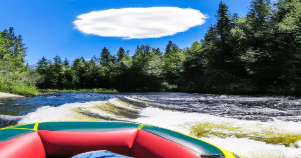 Tube floating in river rapids with forest and a round cloud in the background