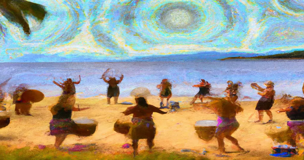 Colorful painting of a drum circle on a Maui Beach