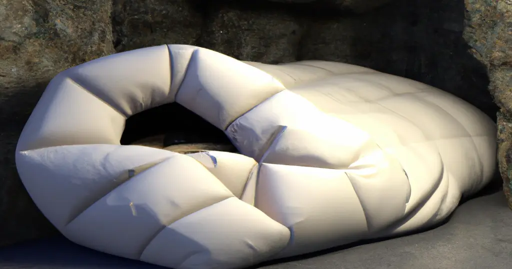 3D image of a big sleeping bag in the corner of a cave