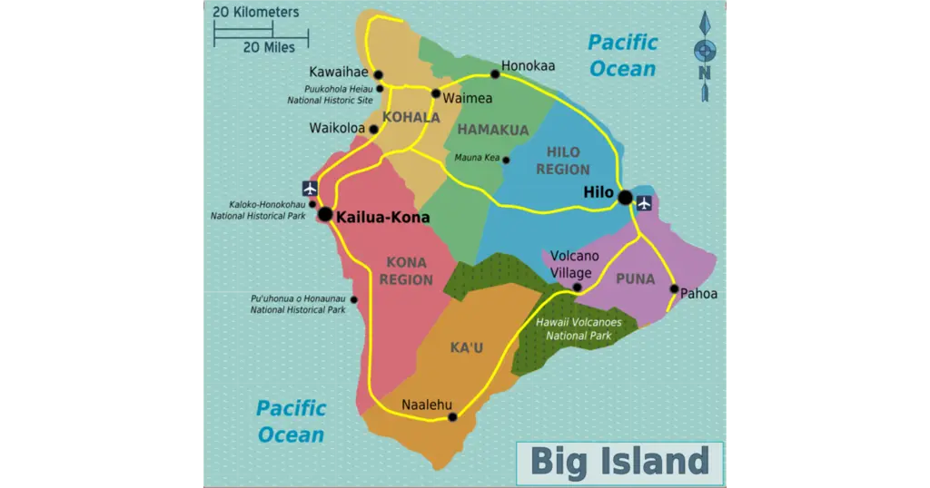 Map of Big Island, Hawaii that shows the main roads used to circumvent the Island.